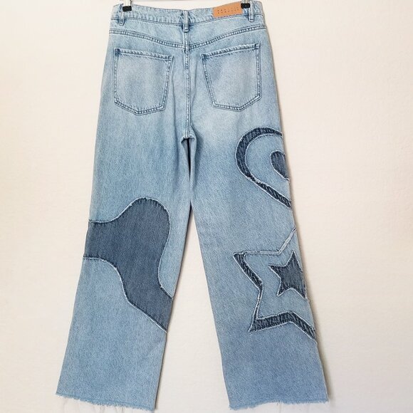Pacsun Eco Light Blue Patchwork 90s Baggy Jeans 27 Wide Leg Baggy Heart Star Y2K - Picture 6 of 15